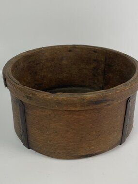 Antique Primitive Wood Grain Measure Round Bowl with Banded Iron Reinforcement